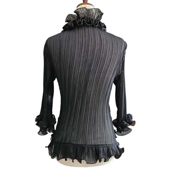 Y2k Euro Top Office Siren Ruffle Front Black Minimalist Sheer - Size Small - Picture 2 of 5